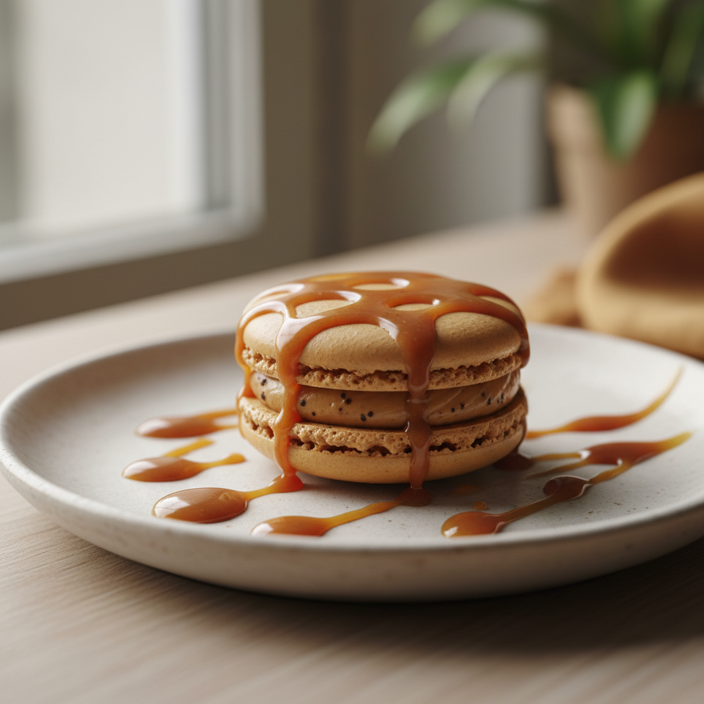 Finished Caramel Coffee Macarons served with coffee and caramel drizzle