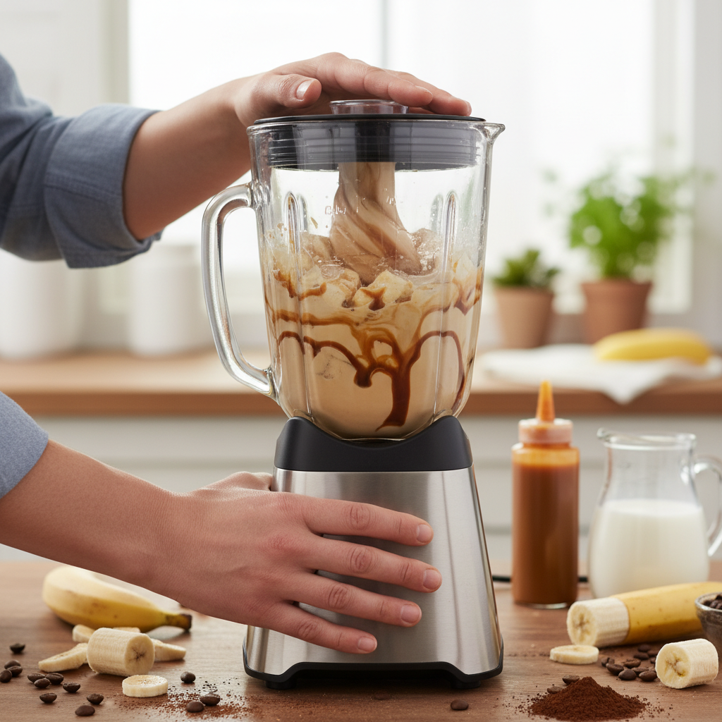 Blending Caramel Coffee Smoothie ingredients