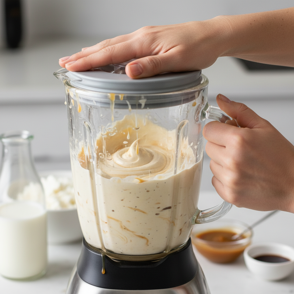 Blending Caramel Cottage Cheese Frappe in blender