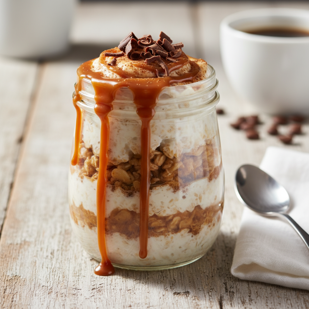 Prepared Caramel Macchiato Overnight Oats topped with caramel drizzle and cinnamon