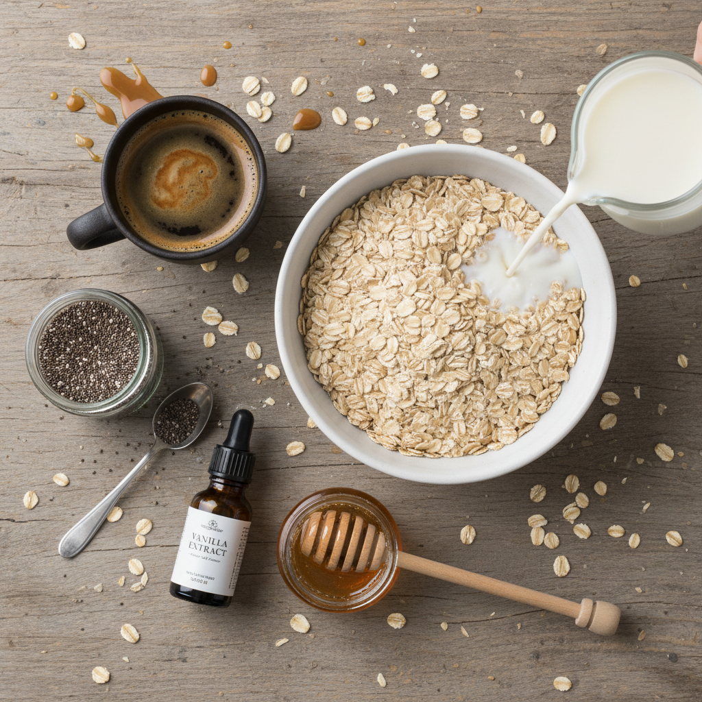 Ingredients for Caramel Macchiato Overnight Oats including oats, coffee, milk