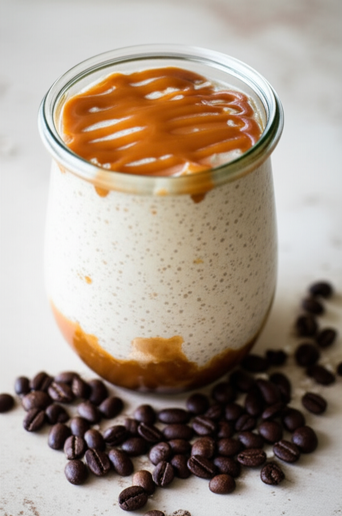 Caramel Macchiato Overnight Oats in mason jar with spoon