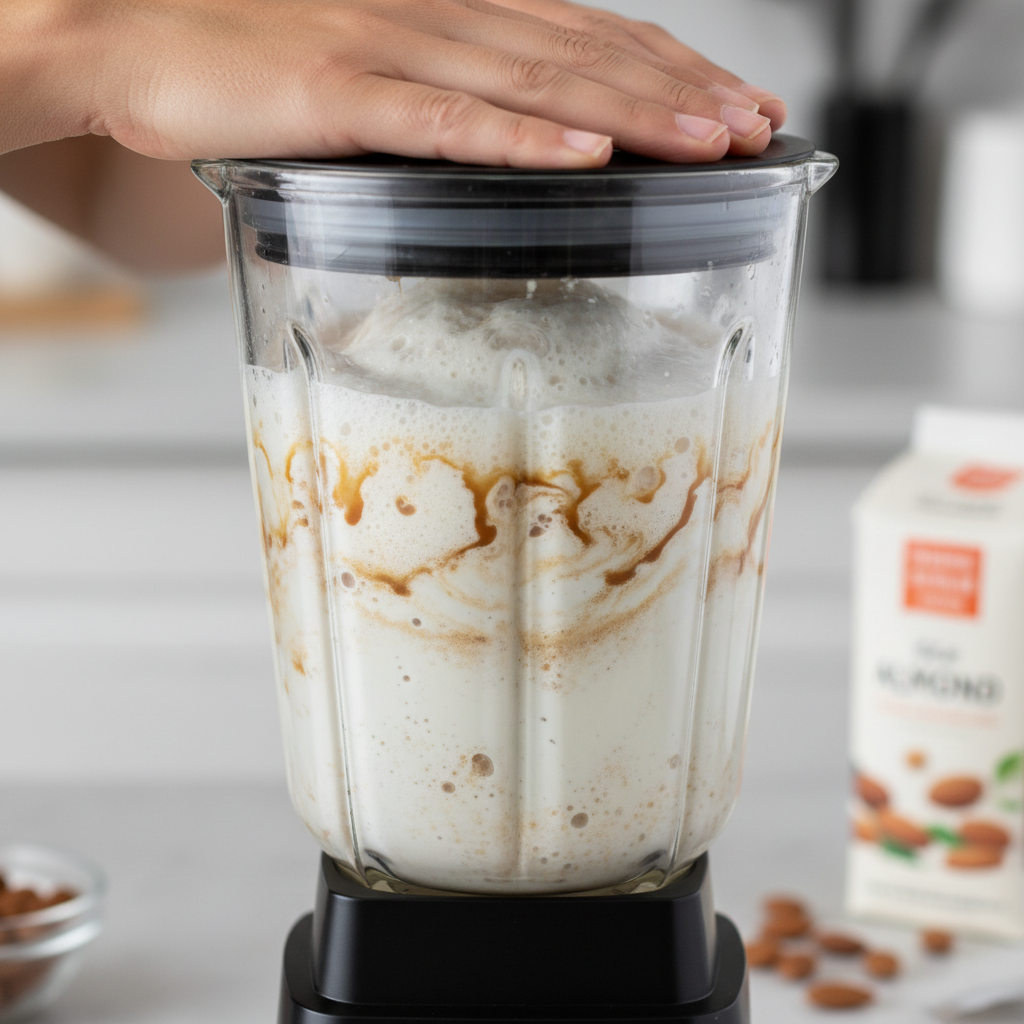 Making caramel macchiato protein coffee in blender