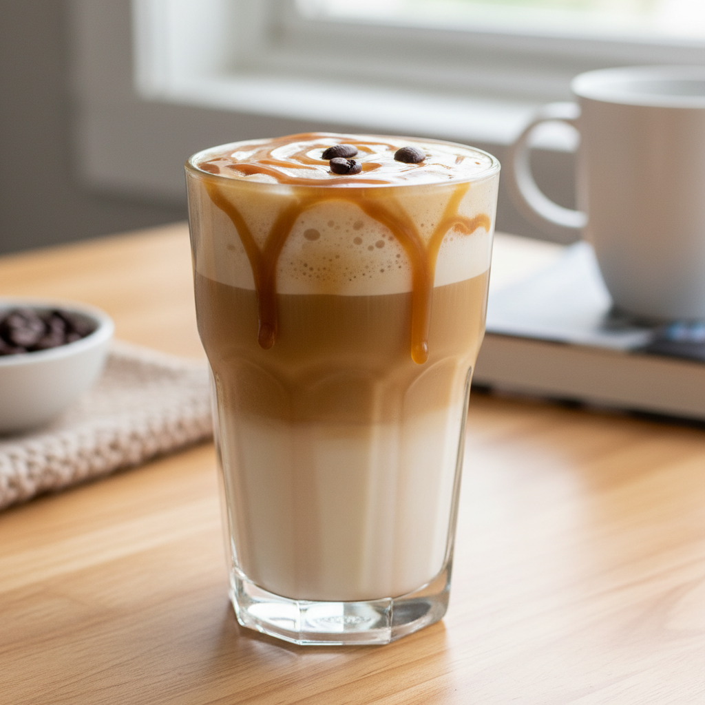 Glass of caramel macchiato protein coffee with caramel on top