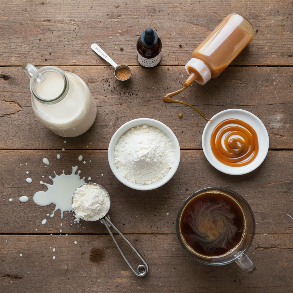 Ingredients for caramel macchiato protein coffee on table