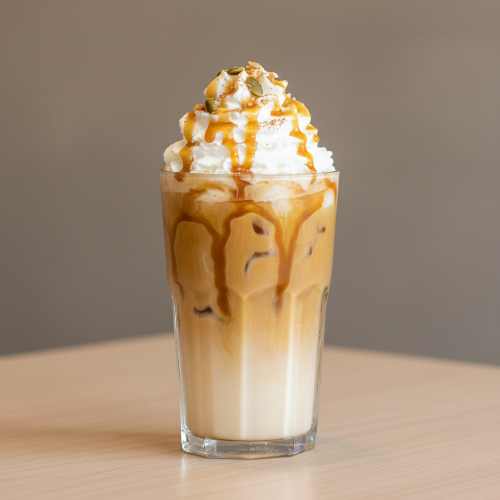 Topped iced coffee with caramel drizzle and whipped cream