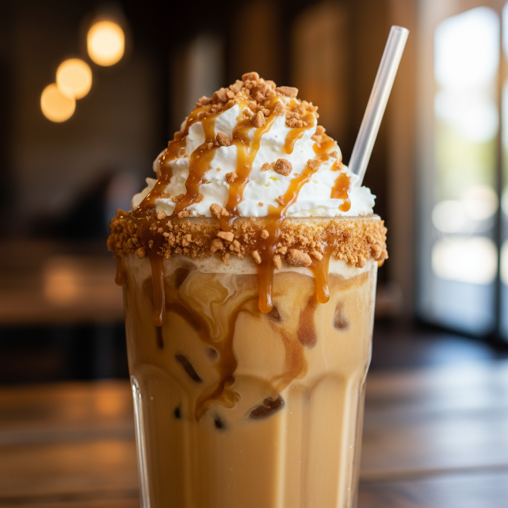 Glass of Caramel Toffee Iced Coffee with whipped cream topping