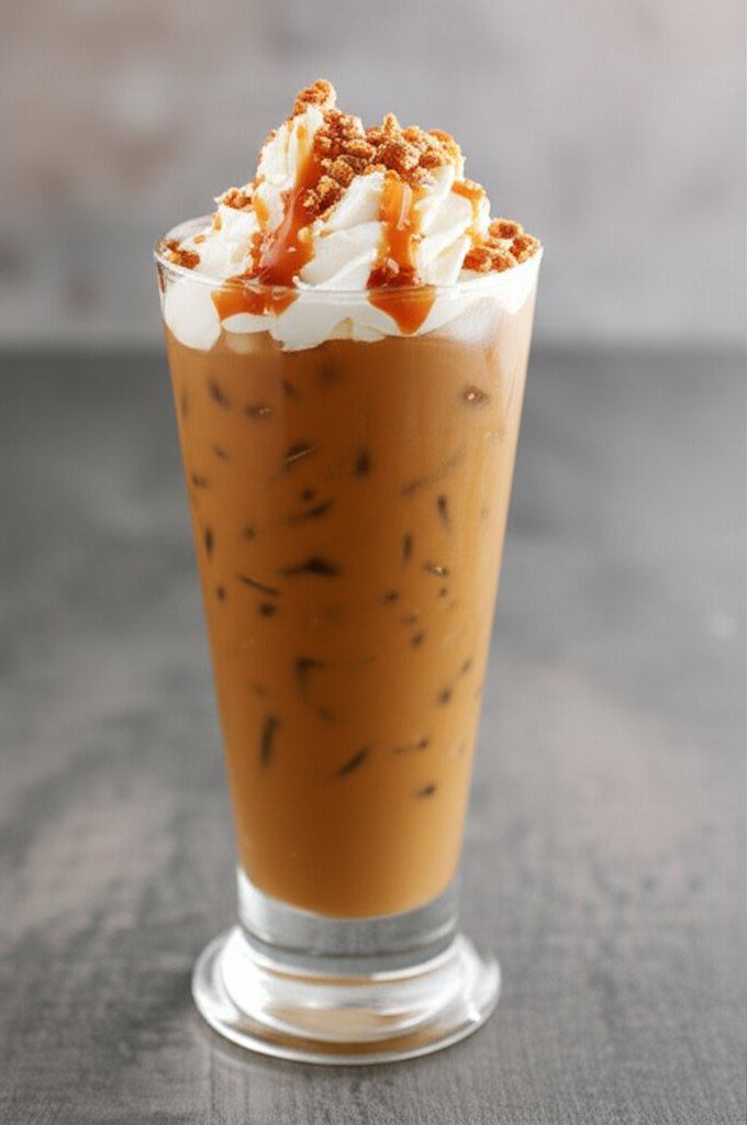 Caramel Toffee Iced Coffee in tall glass with toffee bits