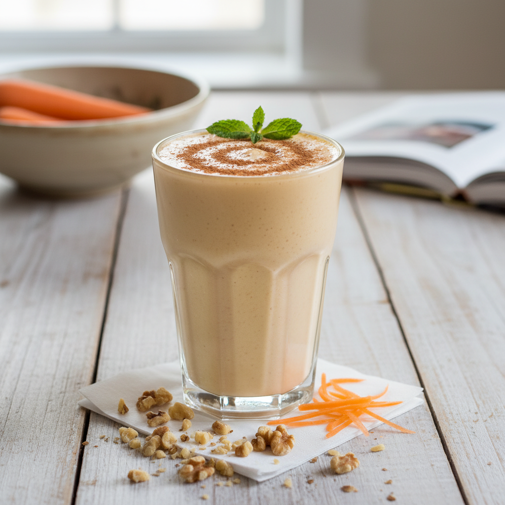 Carrot cake smoothie served with a toast and egg