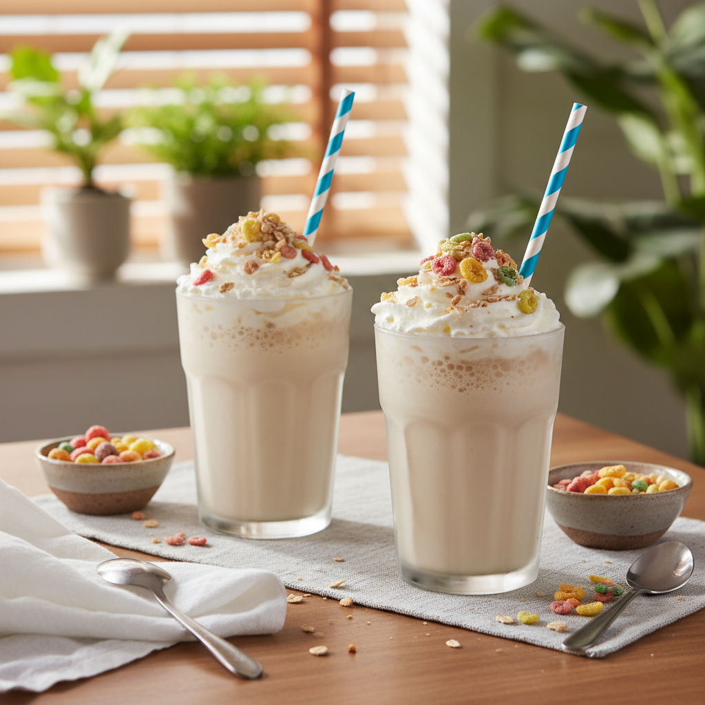 Glass of Cereal Milk Frappe nostalgic drink on table