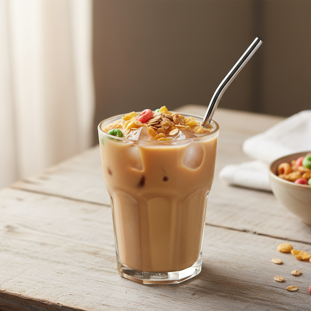 Cereal milk tea served over ice with toppings