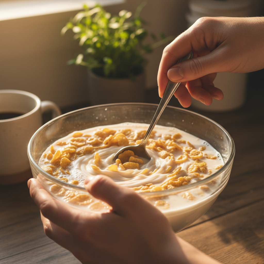 Cereal soaking in milk in a bowl