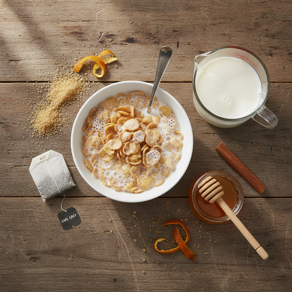 Ingredients for cereal milk tea on a table