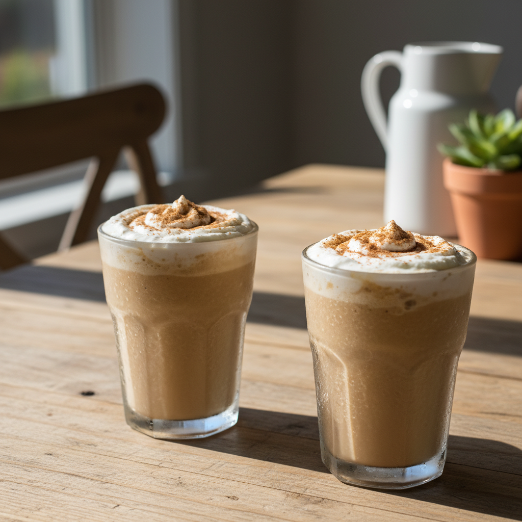 Chai coffee frost served on table with breakfast treats