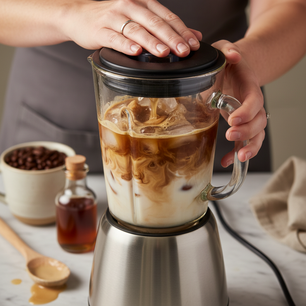 Adding coffee, chai, milk, ice, and syrup to blender