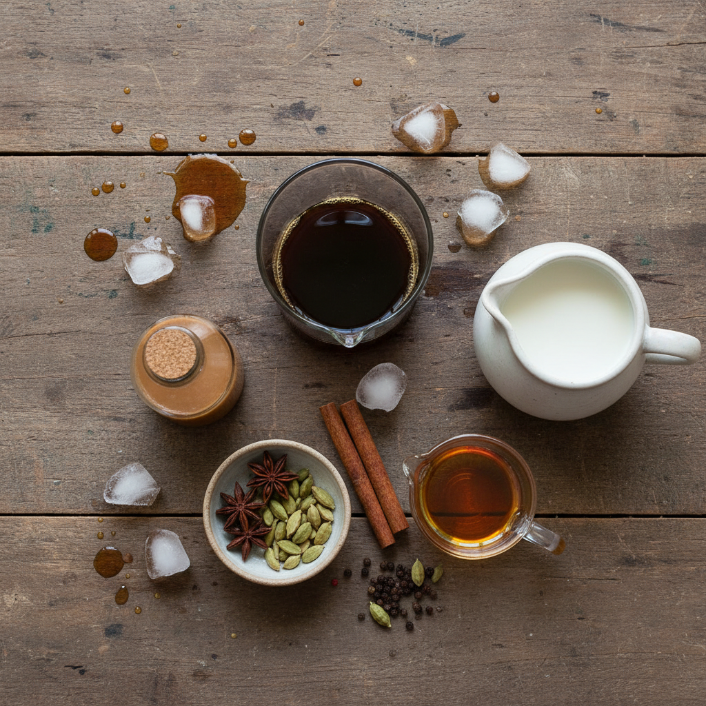 Ingredients for chai coffee frost laid out on table