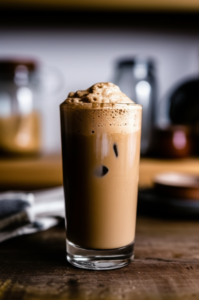 Refreshing chai coffee frost drink in glass with straw