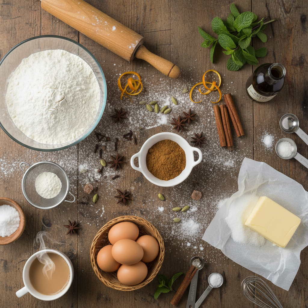 Ingredients laid out for Chai Spice Coffee Cake
