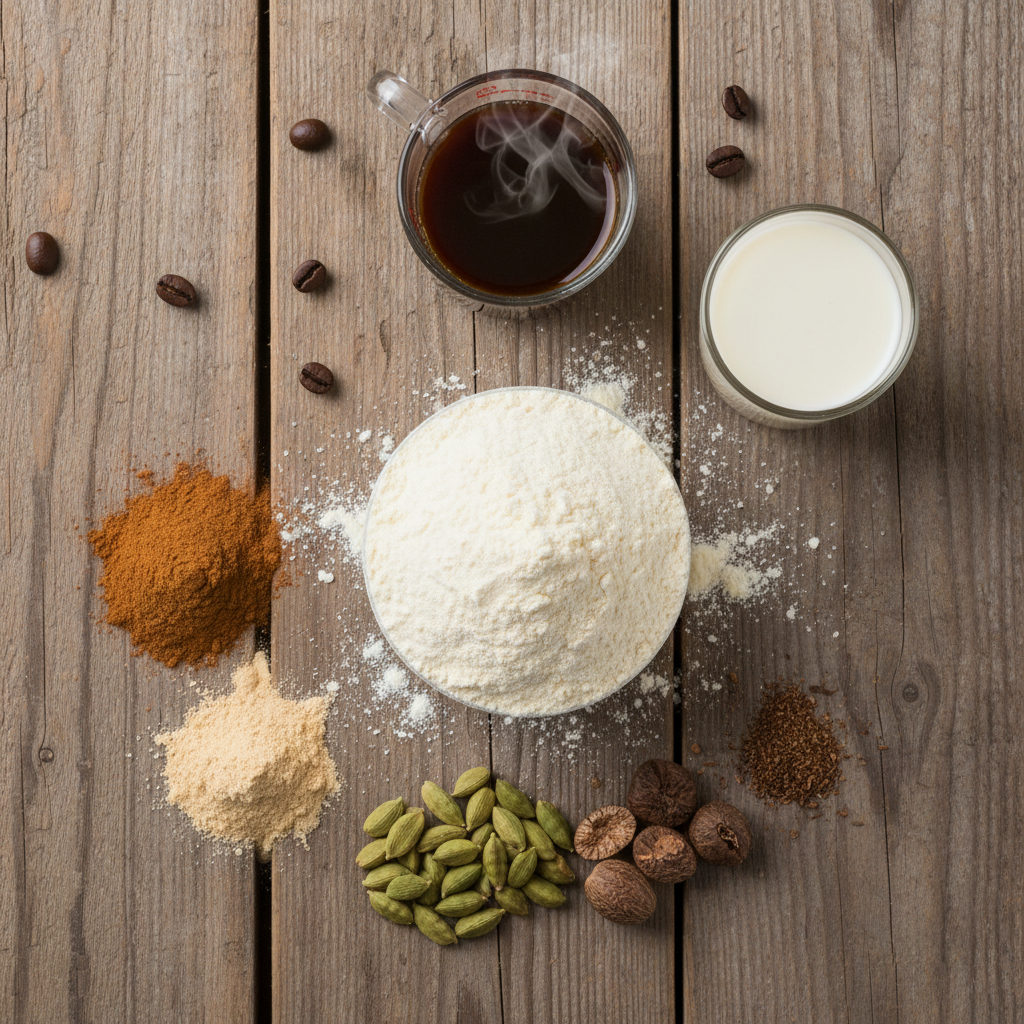Ingredients and equipment needed for chai spice protein coffee