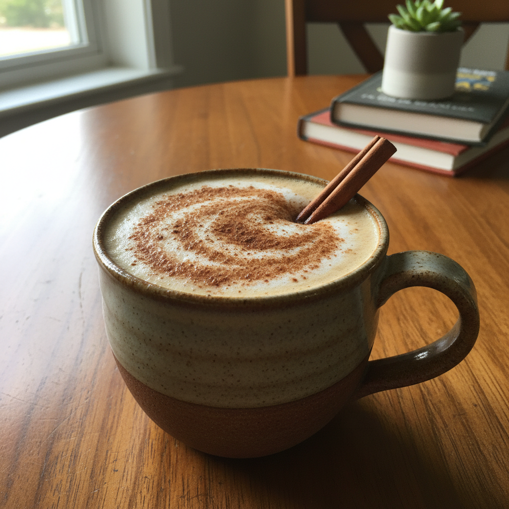 Chai spice protein coffee served in glass with garnish