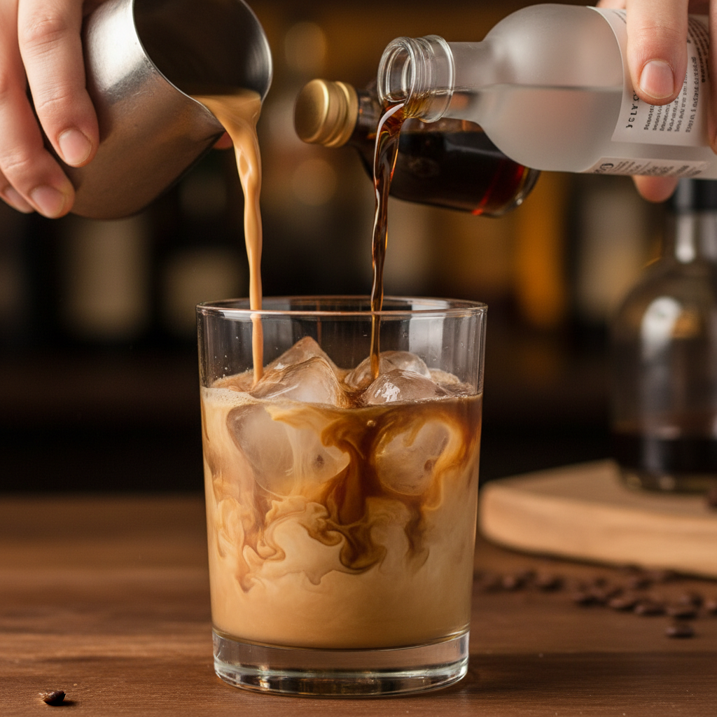 Adding vodka, coffee liqueur and chai concentrate to glass