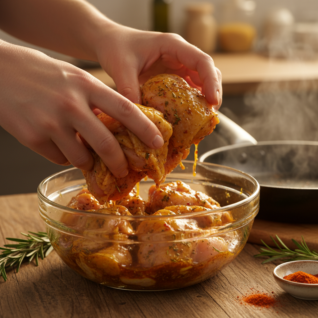 Chicken marinating in bowl with sauce
