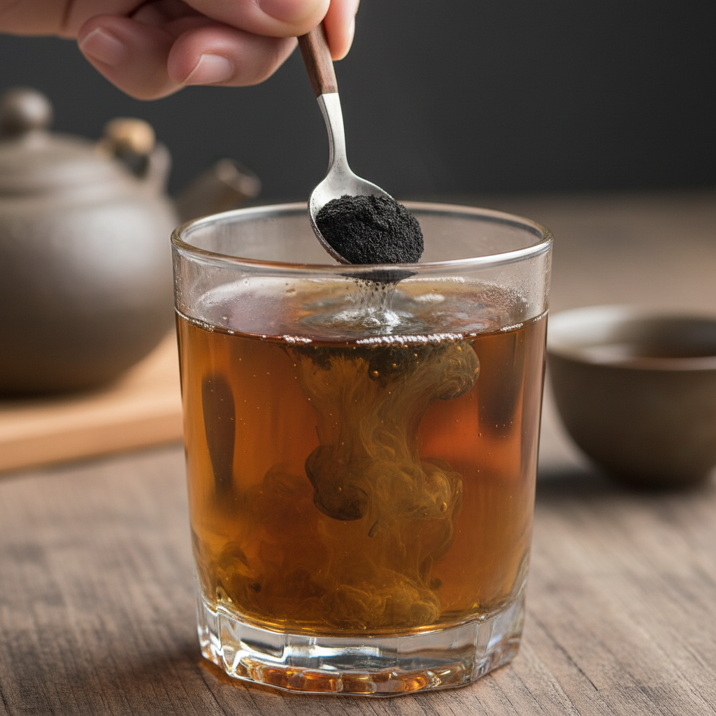 Straining tea and adding charcoal
