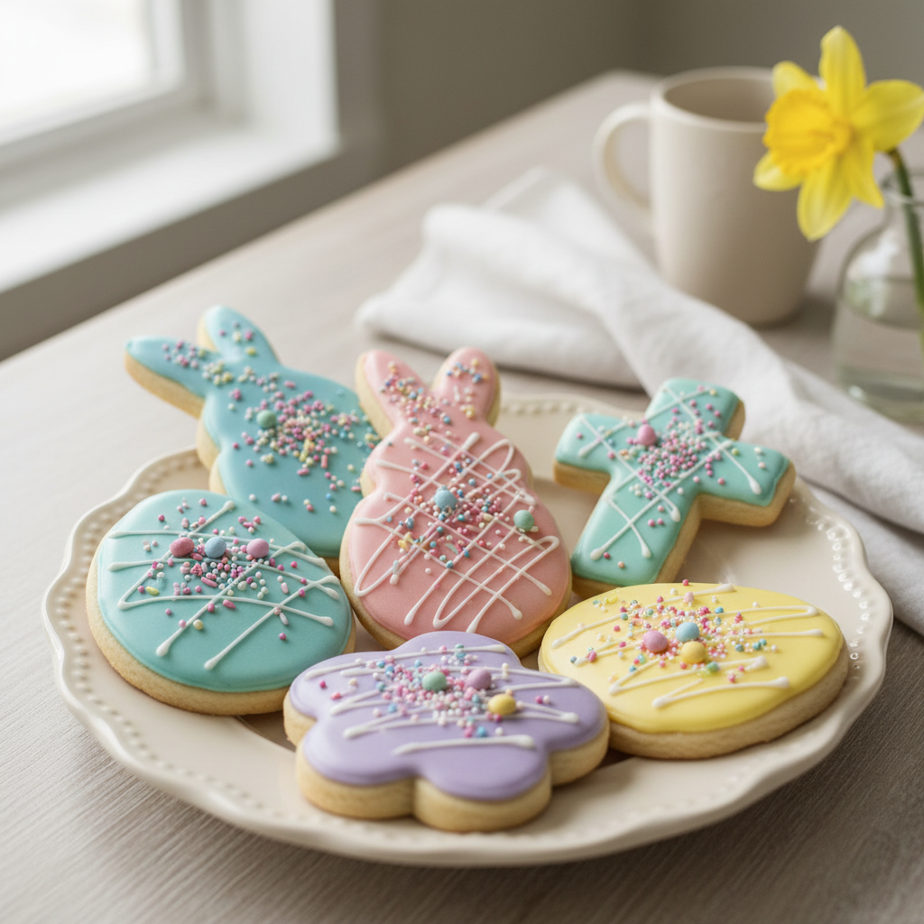 Decorated Easter Egg Sugar Cookies with colorful frosting and sprinkles