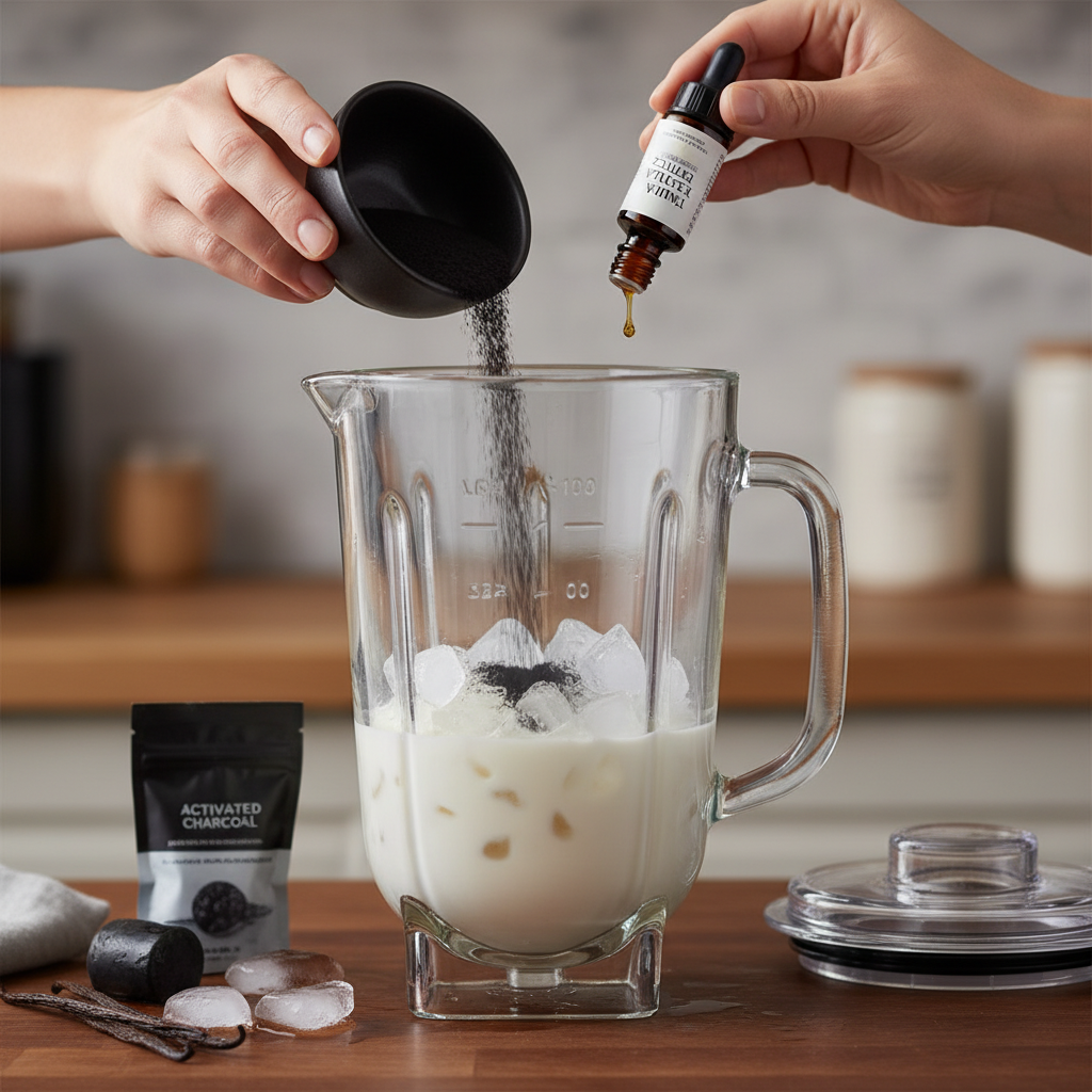 Blending charcoal vanilla frappe ingredients