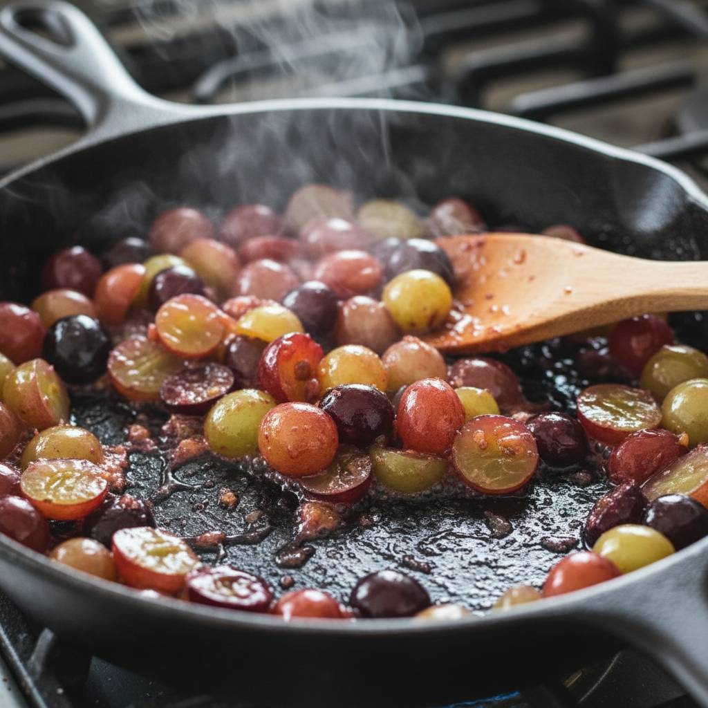 Mashing grapes in skillet for grape juice