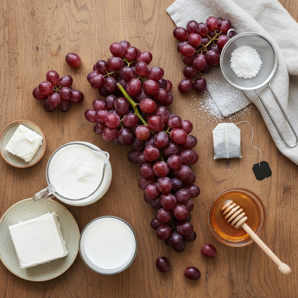 Ingredients for Cheese Foam Grape Milk Tea on kitchen counter