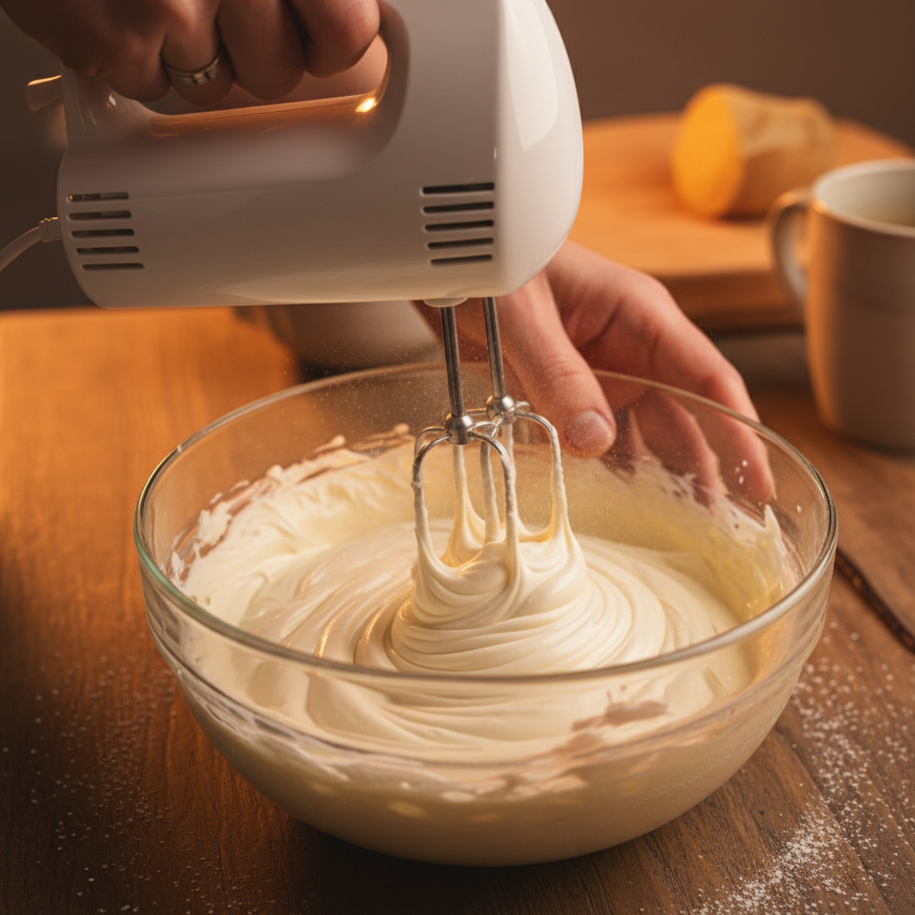 Cream cheese filling being mixed in a bowl