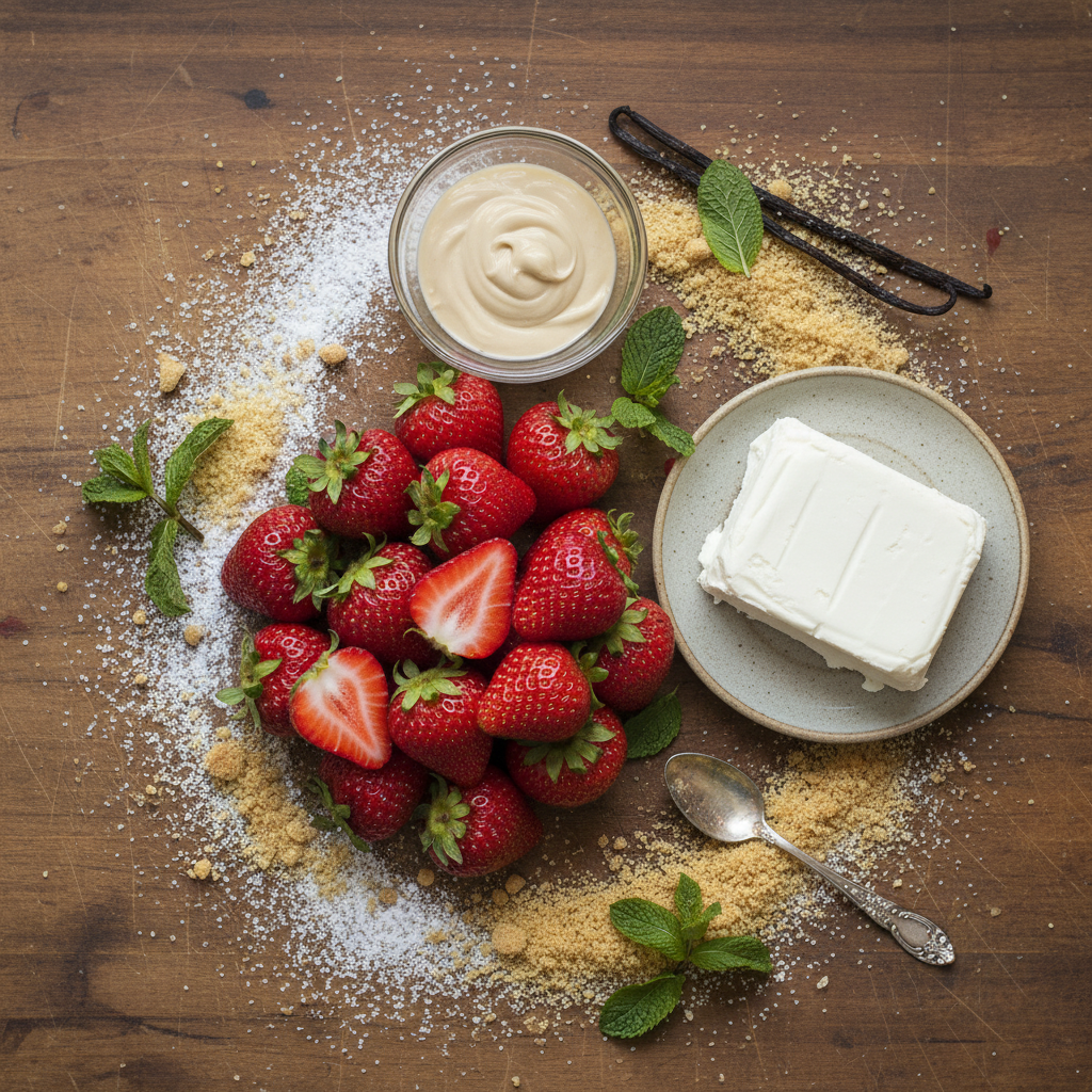 Fresh strawberries and ingredients measured out for cheesecake filling