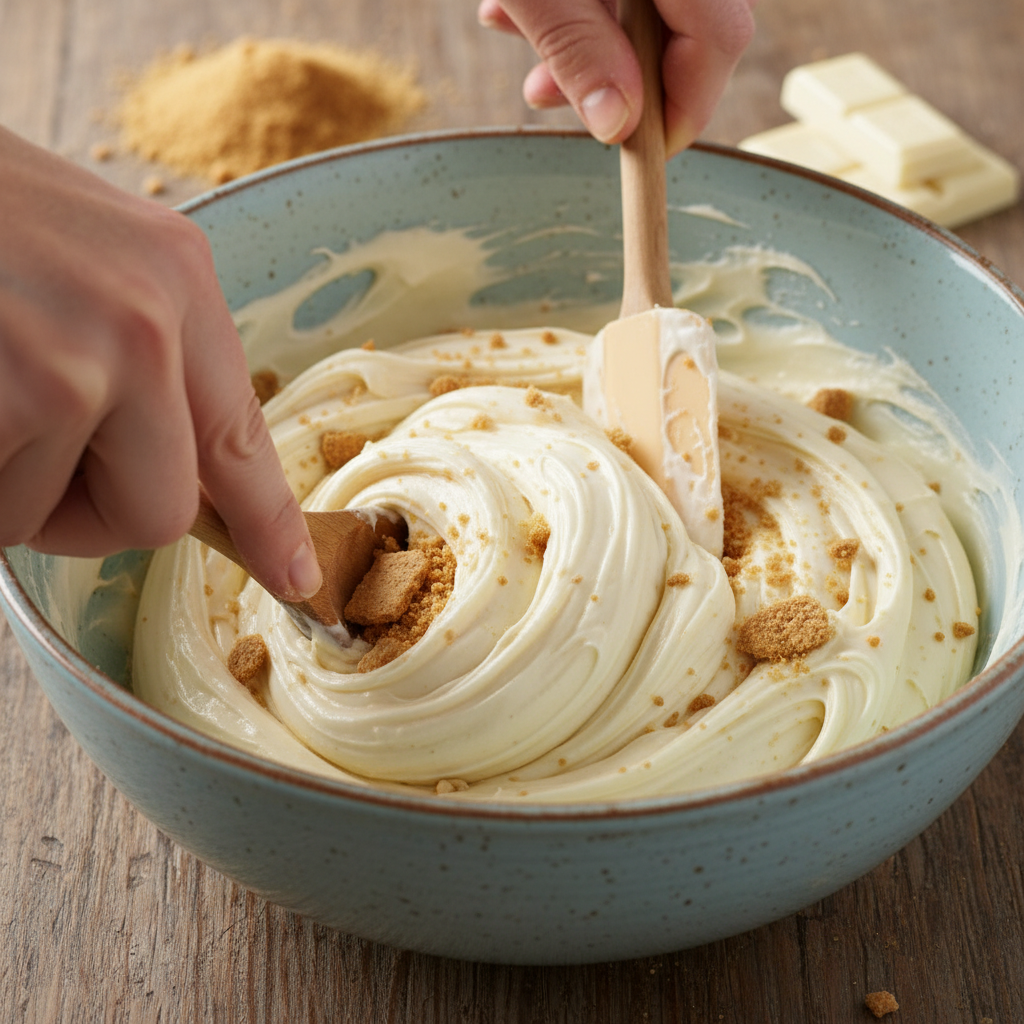 Mixing crushed graham crackers into the fudge mixture