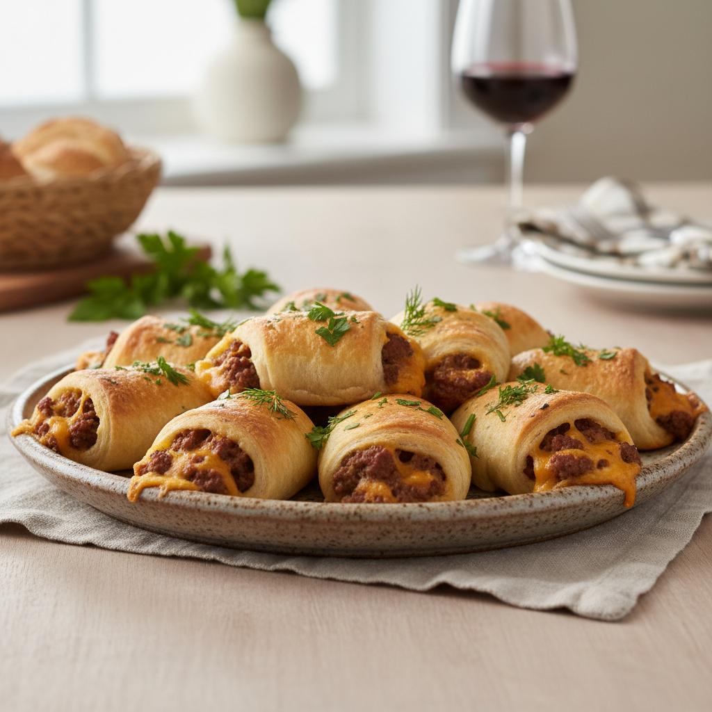 Delicious Cheesy Beefy Roll-Ups served with dipping sauces