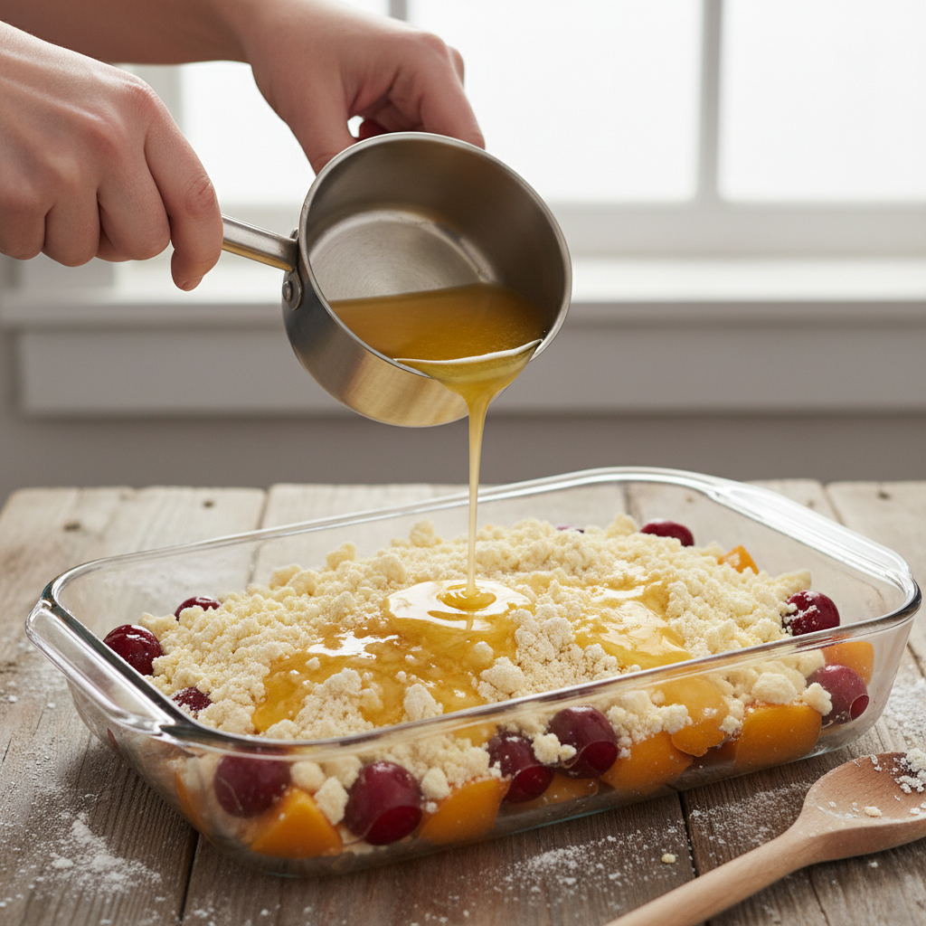 Pouring melted butter over cake mix for Dump Cake