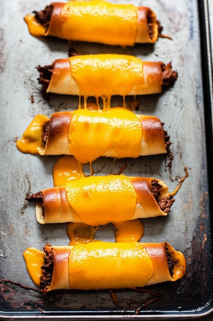 Cheesy Beefy Roll-Ups golden tops bubbling