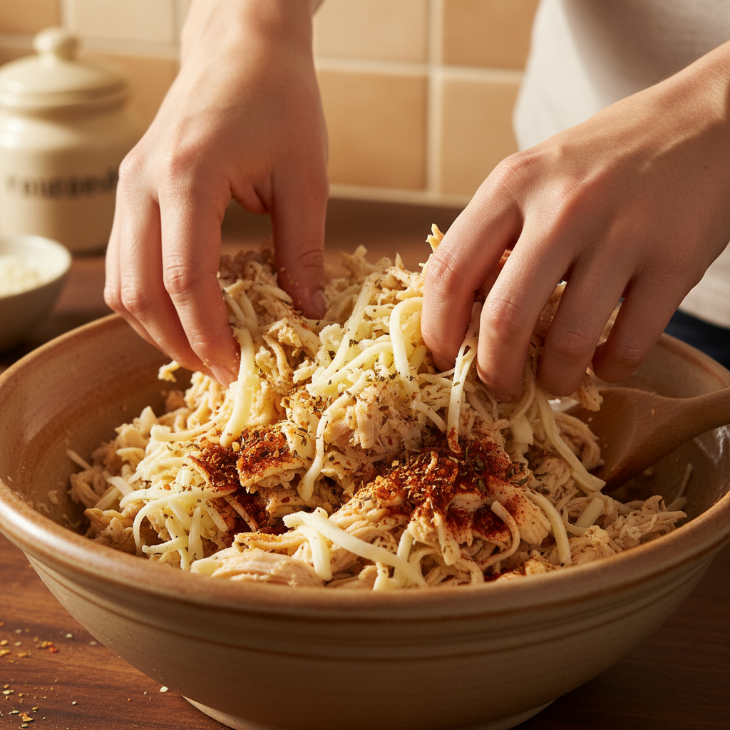 Chicken mixed with cheese and seasonings