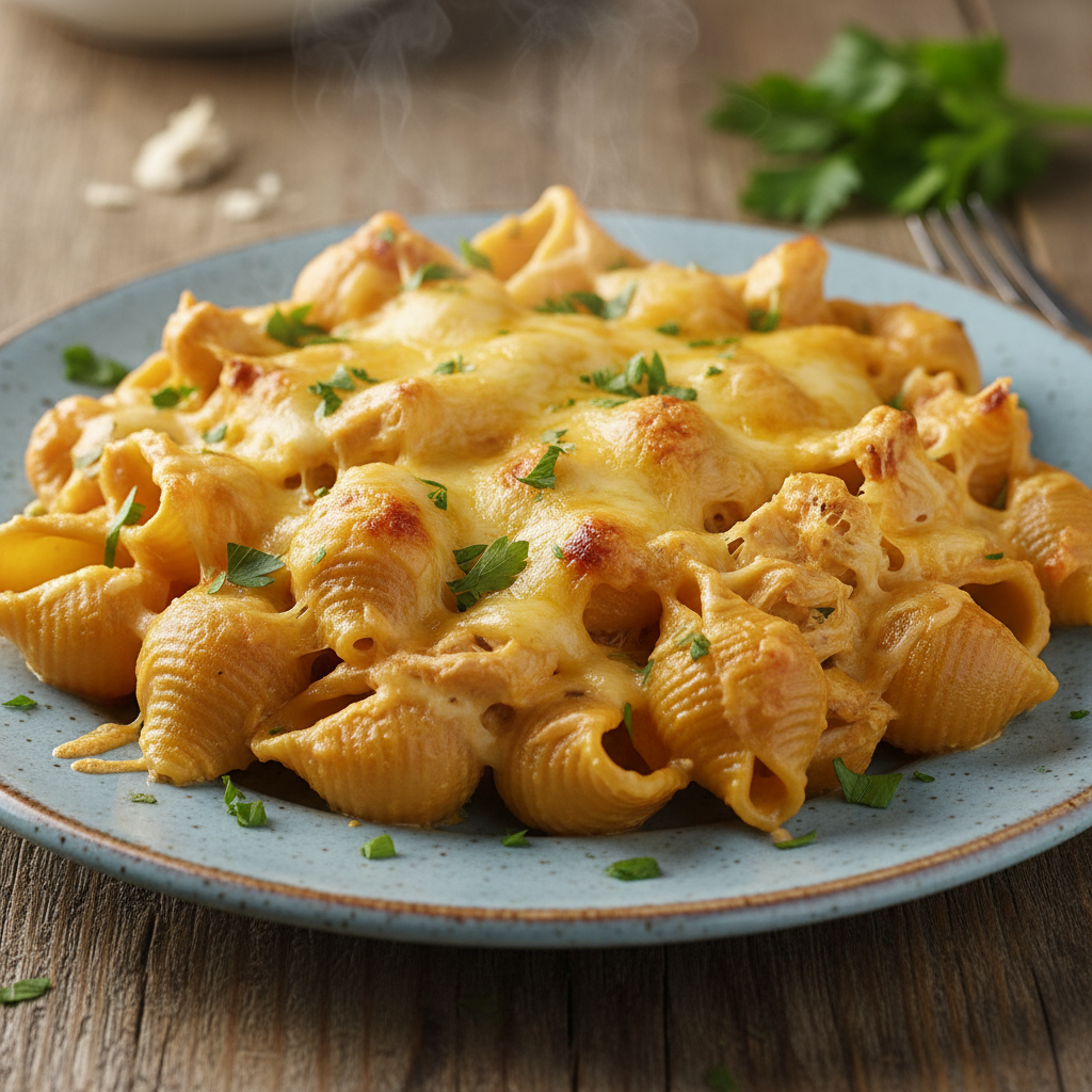Creamy cheesy chicken pasta served and ready to eat
