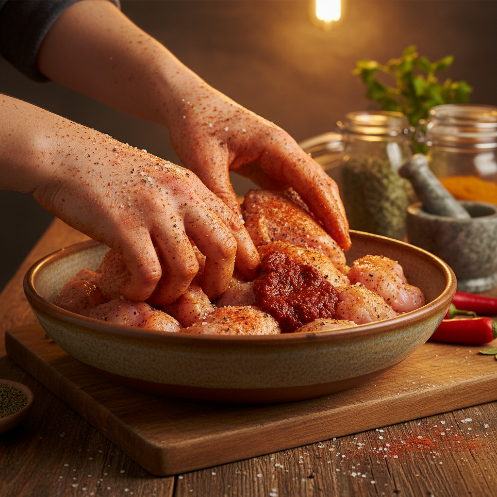 Marinating chicken pieces for dynamite chicken buns
