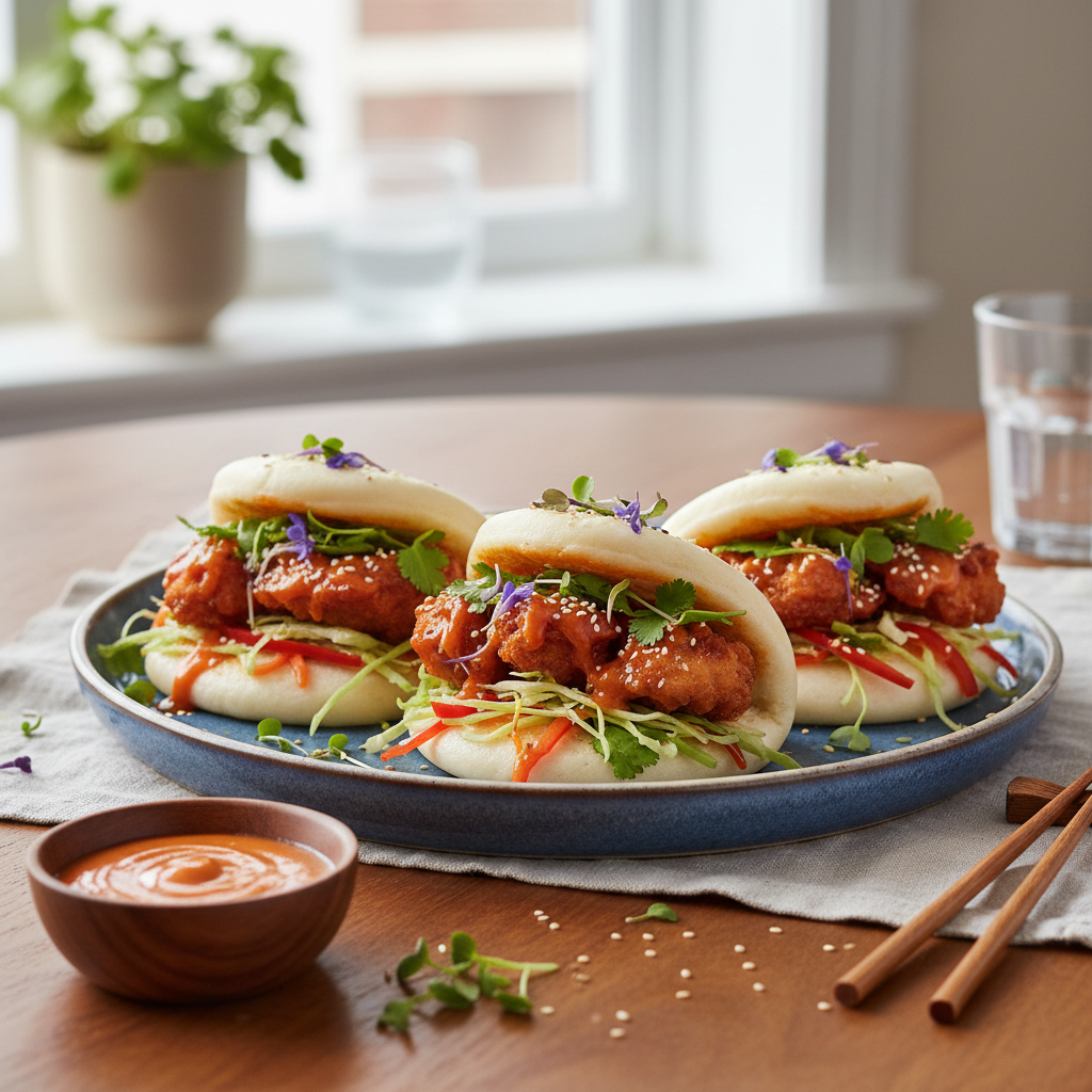 Finished dynamite chicken buns served with fresh vegetables and sauce