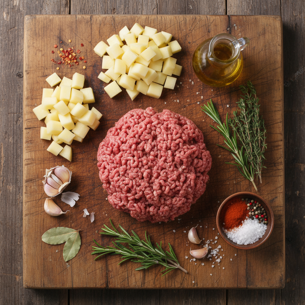 Ingredients for cheesy ground beef and potatoes