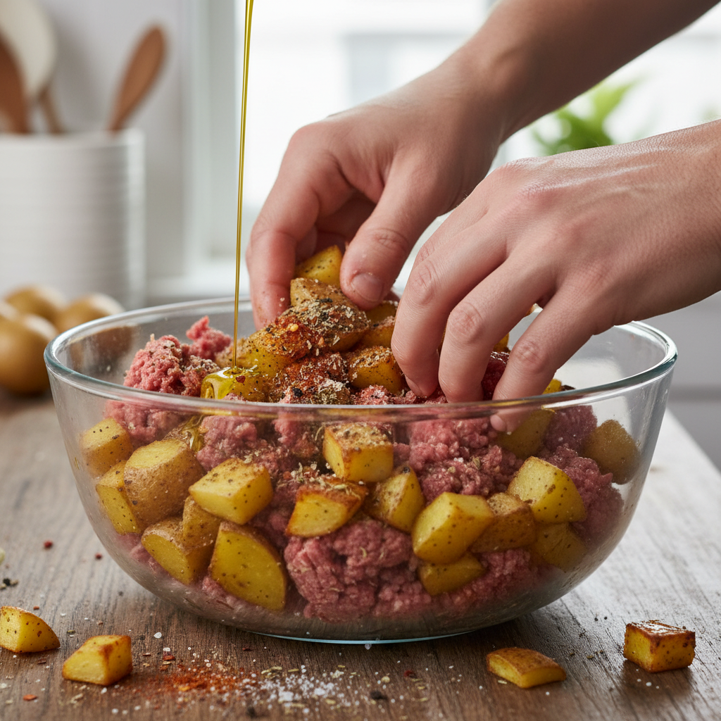 Seasoned potatoes and ground beef combined in skillet