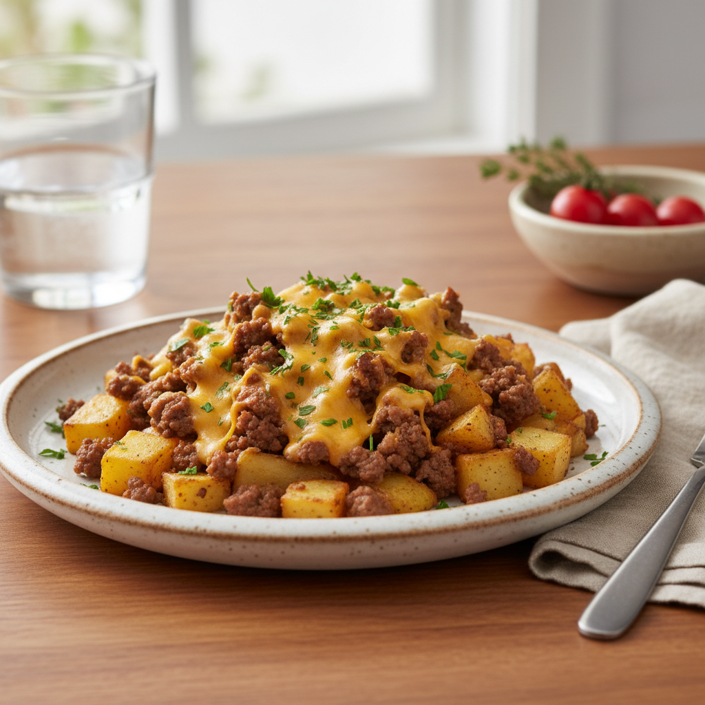 Delicious cheesy ground beef and potato casserole served