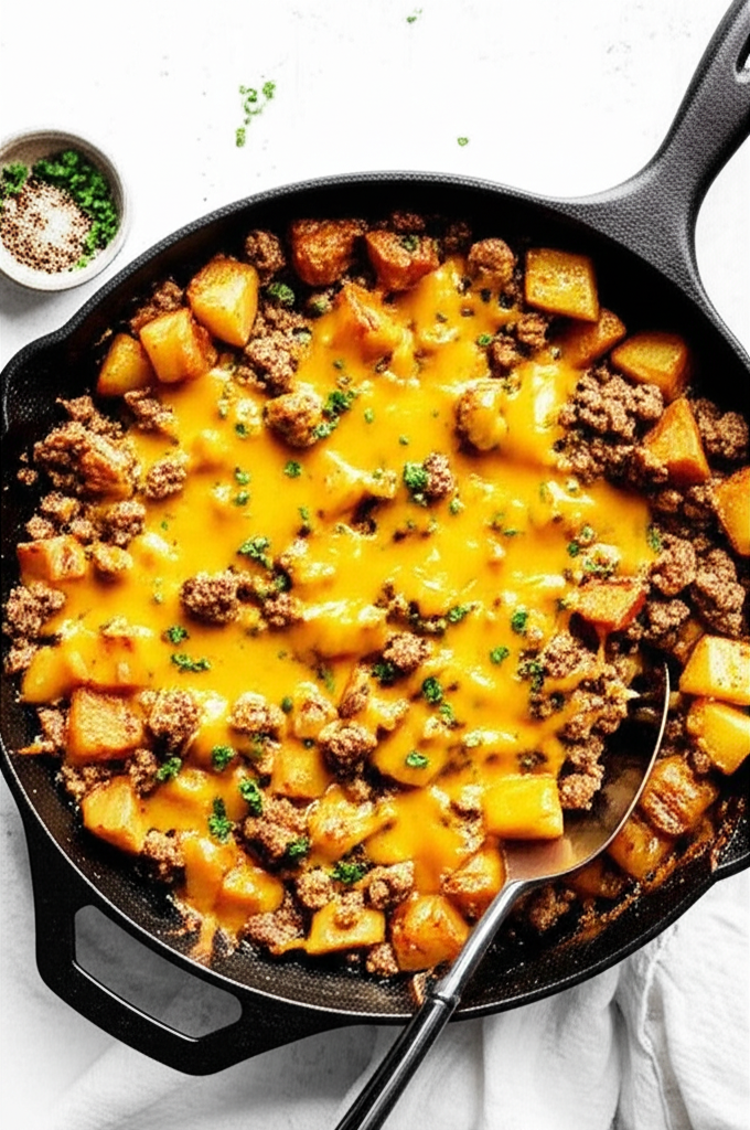 Cheesy ground beef and potato dish served hot