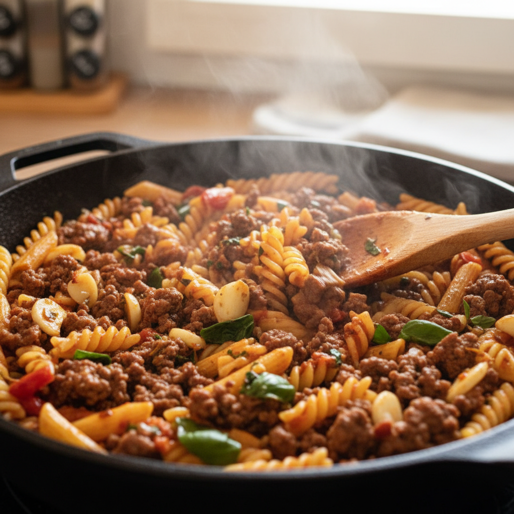 Cooking process of Cheesy Ground Beef Pasta Skillet
