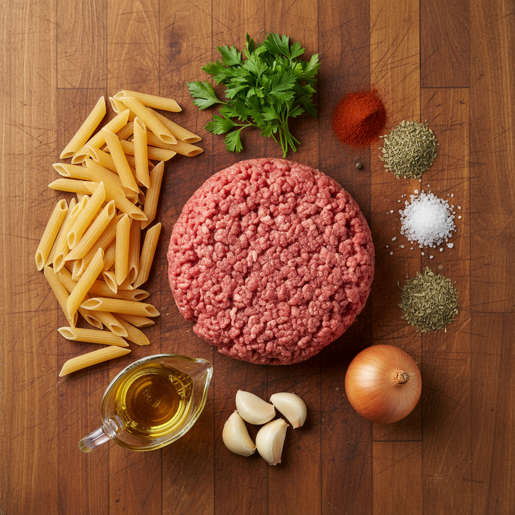 Ingredients for Cheesy Ground Beef Pasta Skillet
