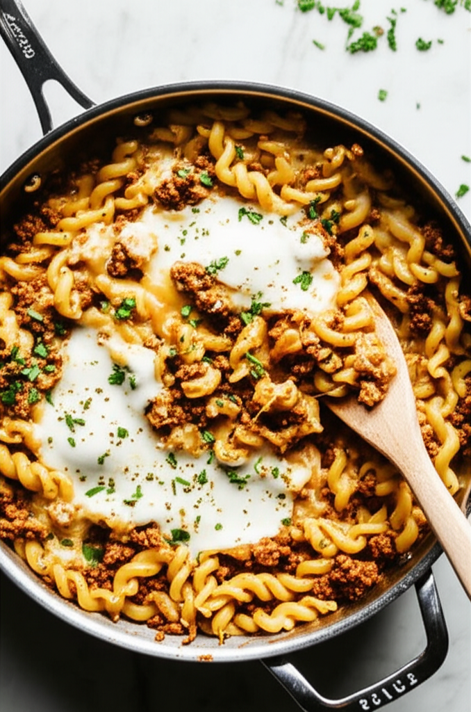 Cheesy Ground Beef Pasta Skillet
