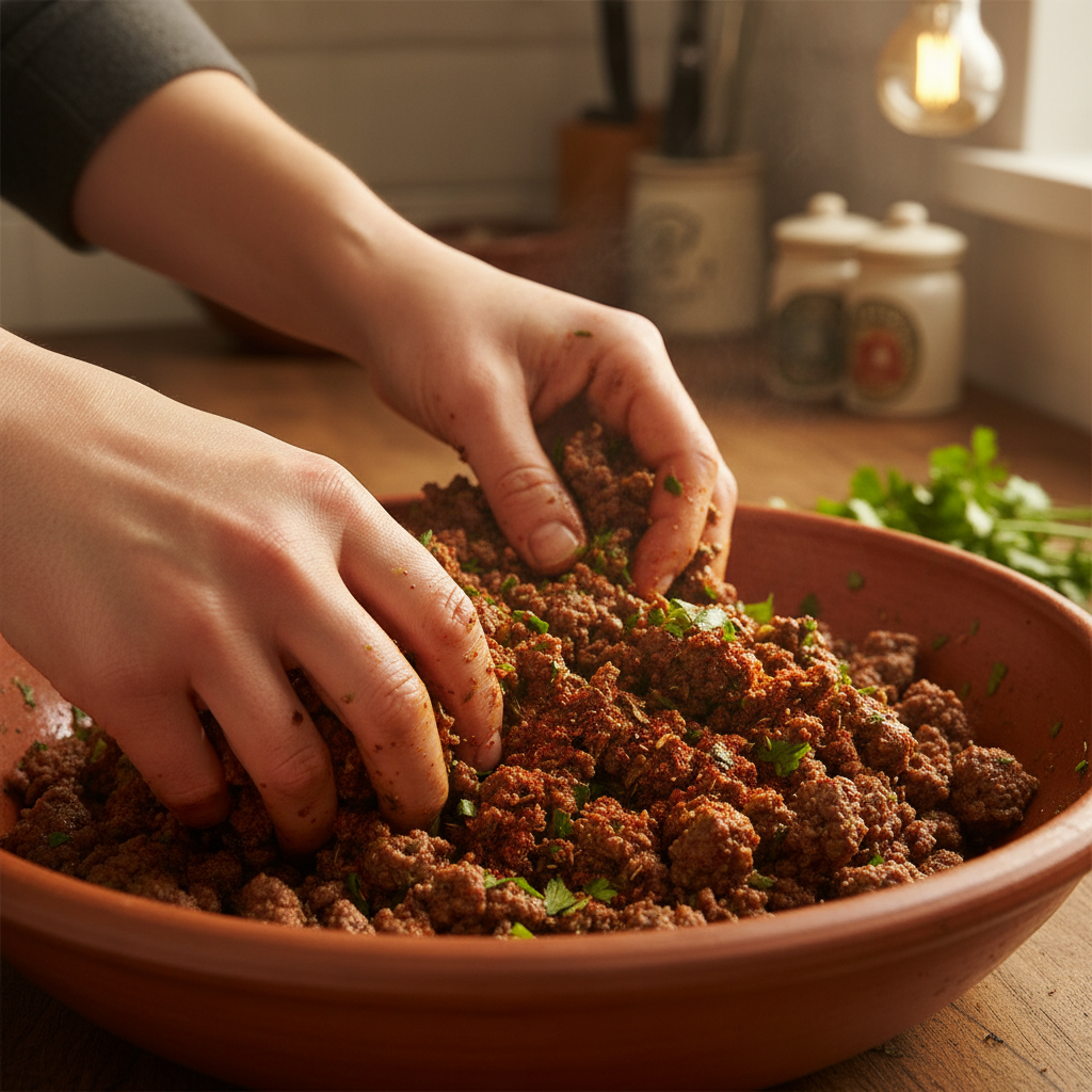 Ground beef cooking in skillet with seasoning