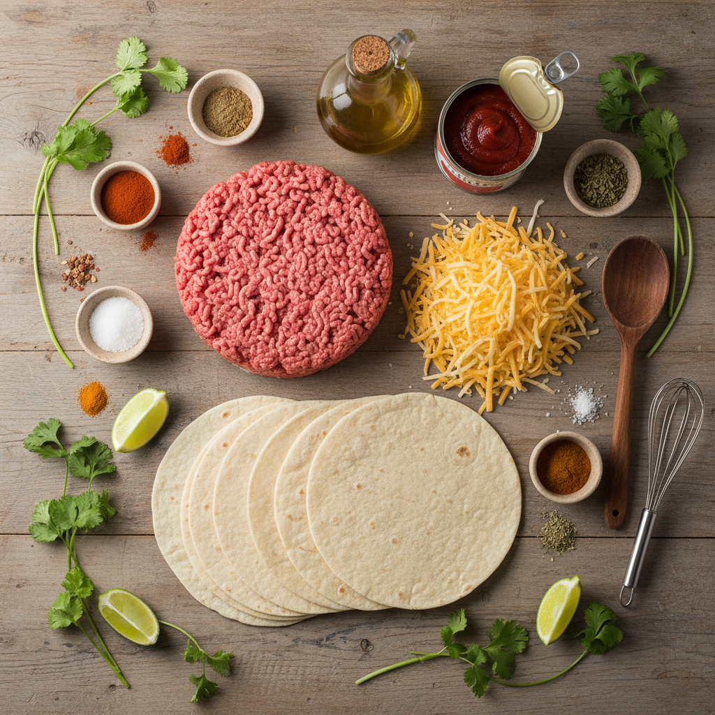 Ingredients for ground beef quesadillas prepared on kitchen counter